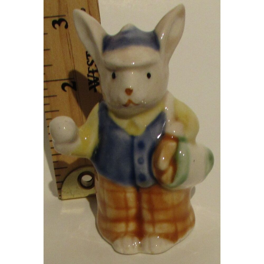 Vintage bunny rabbit golfing porcelain salt glaze hat vest blue brown